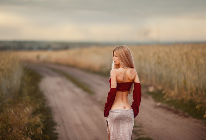 women, blonde, back, ass, long hair, looking away, road, skirt, skinny