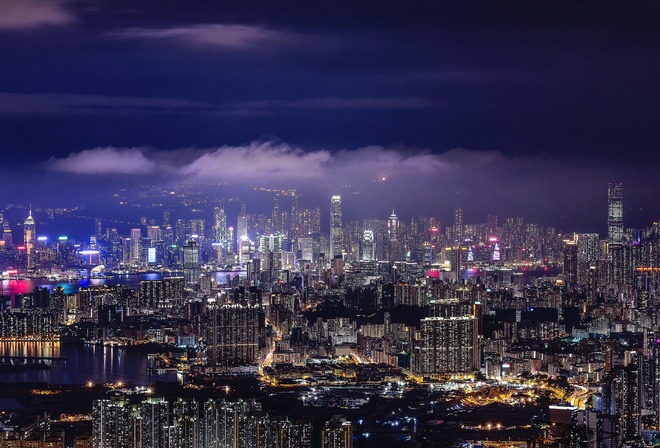 Hong Kong, Skyscrapers, Aerial View, Night, Modern Architecture