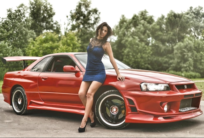 women, Nissan Skyline GT R R34 Nismo, Skyline