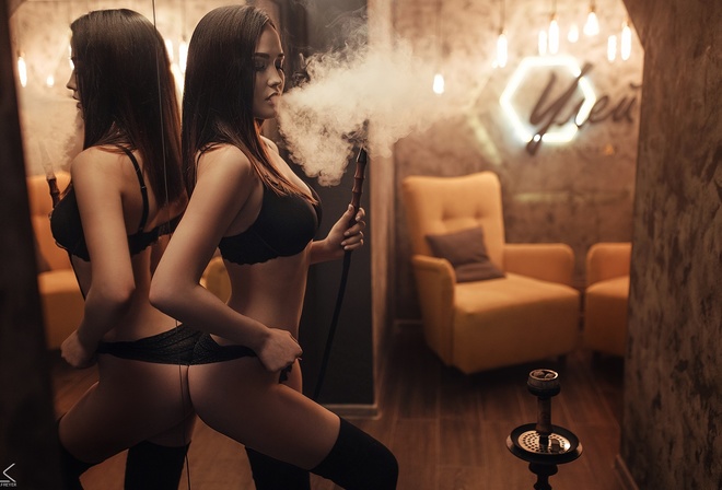 women, Sergey Freyer, Hookah, smoke, mirror, reflection, ass, black lingerie, black stockings