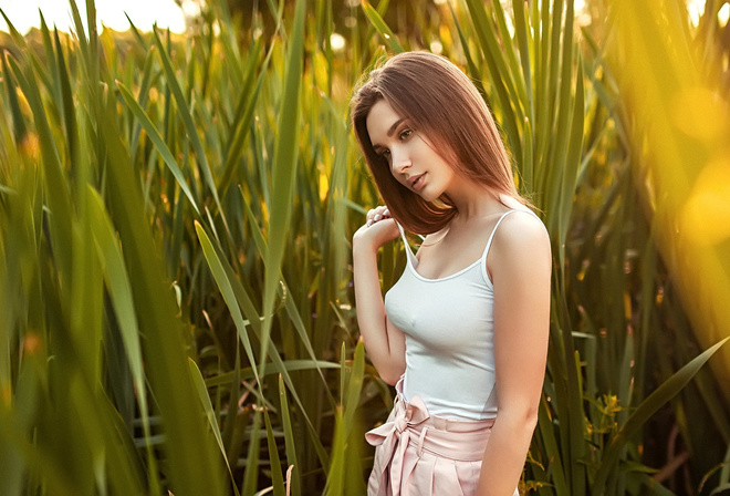 women, portrait, women outdoors, looking away, nipple through clothing, Sergey Shishlov