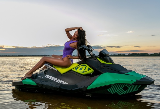 women, jet ski, one-piece swimsuit, brunette, smiling, ass, sea, sunset, sitting, women outdoors, swimwear, long hair