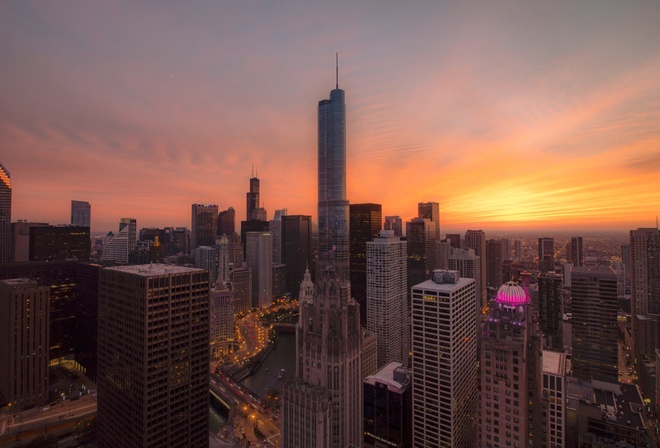 Chicago, Skyscrapers, Orange Sky, Sunset, Urban, Buildings, Modern Architecture