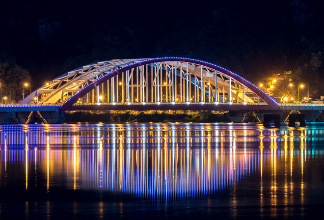 South Korea, night, bridge, Seoul, neon, lights, cityscape, reflectio