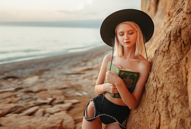 women, hat, one-piece swimsuit, sunset, sea, brunette, black swimsuit, books, closed eyes, red nails, strategic covering, the gap