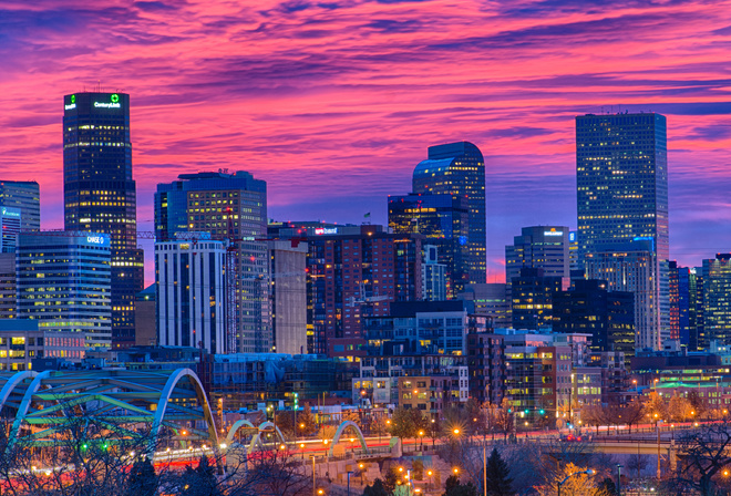Denver, 4k, modern buildings, sunset, Colorado