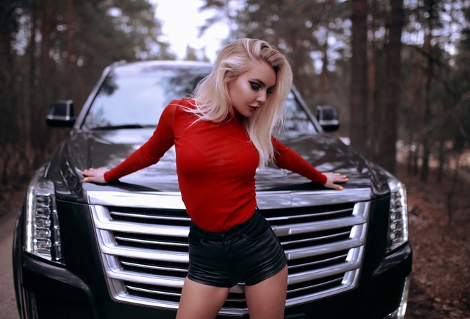 women, blonde, women with cars, makeup, women outdoors, trees, forest, red lipstick, black shorts, brunette, yellow nails, red shirt