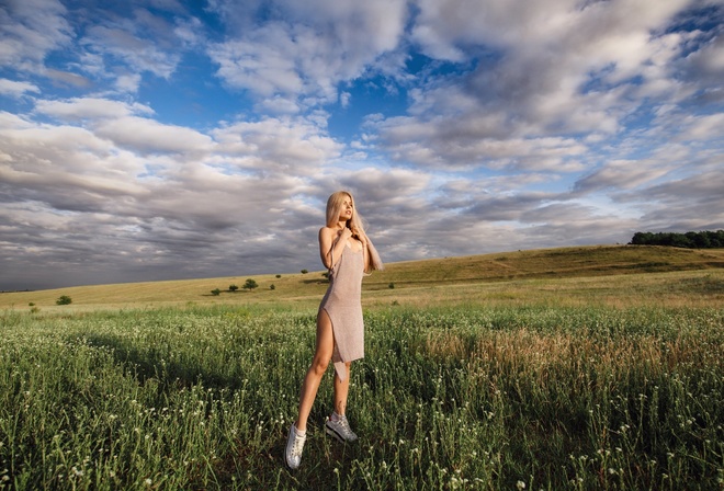 women, blonde, long hair, women outdoors, sneakers, socks, dress, brunette, looking away, sky, clouds