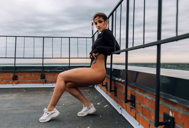 women, ass, tattoo, leotard, sneakers, rooftops, bricks, women outdoors, fence, brunette, squatting, bodysuit