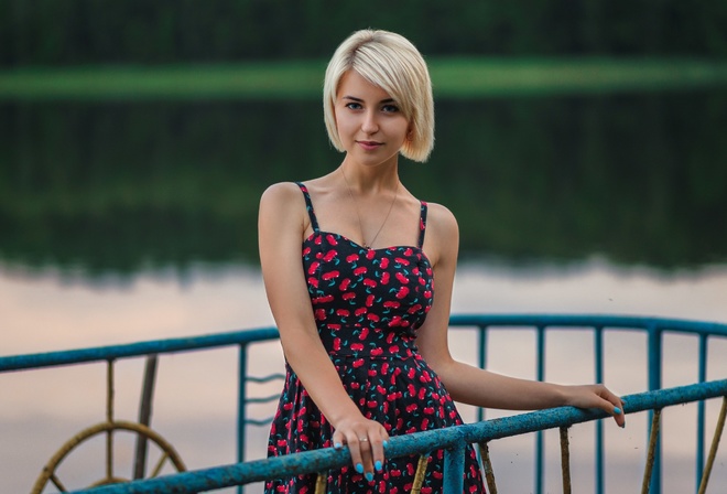 women, blonde, portrait, dress, lake, painted nails, blue eyes, women outdoors, necklace, smiling, short hair, brunette