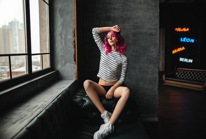 women, Artem Solovev, pink hair, sitting, window, sneakers, black panties, couch, brunette, dyed hair