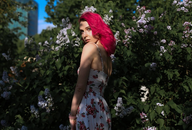 women, pink hair, portrait, dress, women outdoors, dyed hair, watch