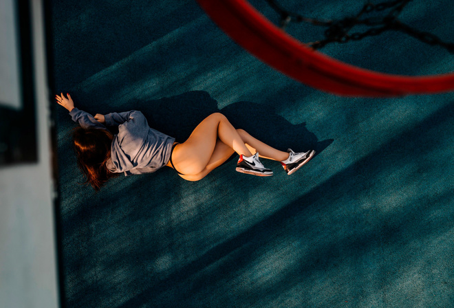 women, hoop, ass, red nails, chains, Nike, sweater, brunette, top view, sneakers, black panties