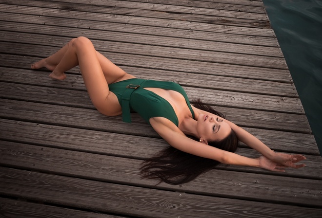 women, Angelina Petrova, closed eyes, pier, cleavage, lying on back, brunette, armpits, water, women outdoors, green swimsuit