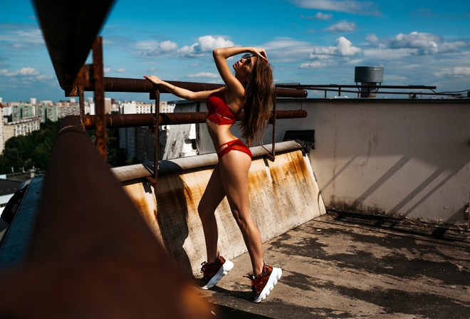 women, sunglasses, rooftops, sneakers, ass, brunette, ribs, red nails, red lingerie, sky, clouds