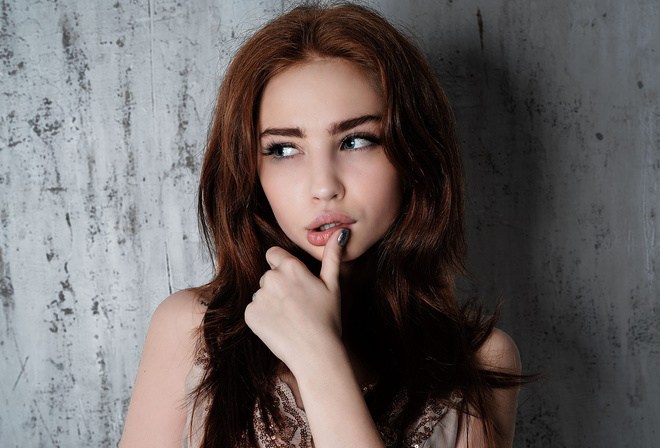 women, wall, face, portrait, blue eyes, finger on lips, looking away