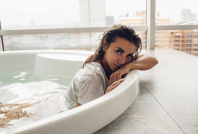 women, window, bathtub, brunette, water, wet body, face, wet hair, T-shirt