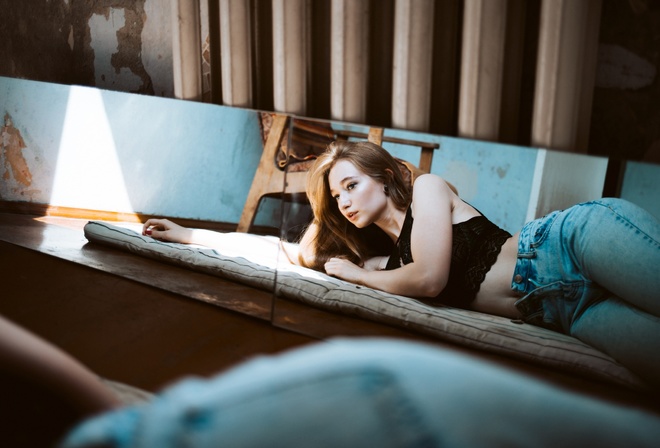 women, jeans, mirror, reflection, nose ring, chair, belly