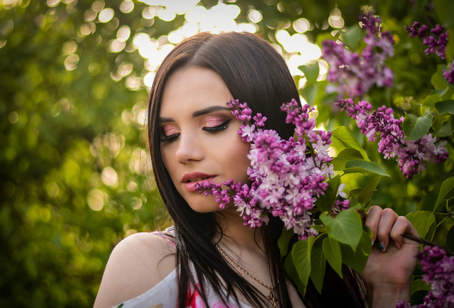 women, portrait, dress, bare shoulders, straight hair, women outdoors, necklace, pink lipstick