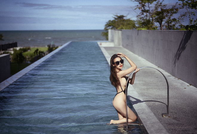 women, Asian, ass, sideboob, swimming pool, one-piece swimsuit, sunglasses, sea, women outdoors, long hair