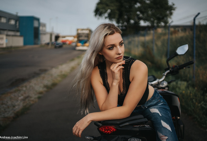 women, long hair, torn jeans, women with motorcycles, nose ring, brunette, Andreas-Joachim Lins, women outdoors, looking away