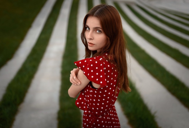 women, portrait, red dress, polka dots, women outdoors, grass