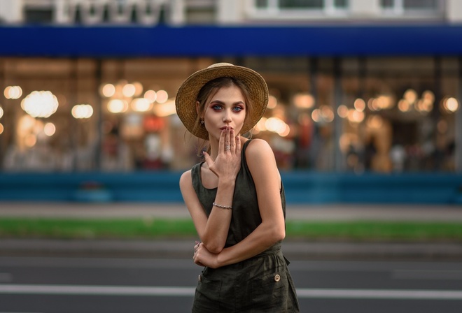 women, hat, portrait, women outdoors, make up, pink lipstick, painted nails, bokeh