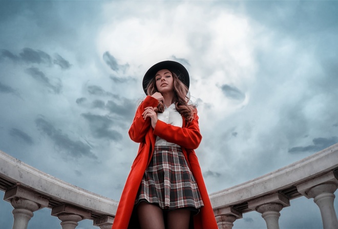 women, hat, portrait, plaid skirt, sky, clouds, coats