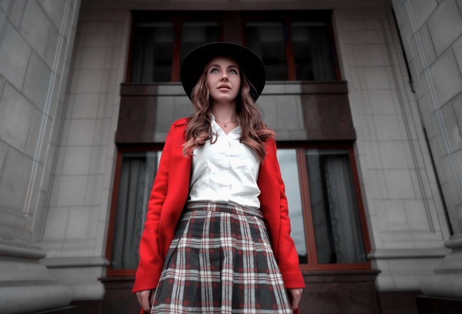 women, hat, portrait, plaid skirt, necklace, coats