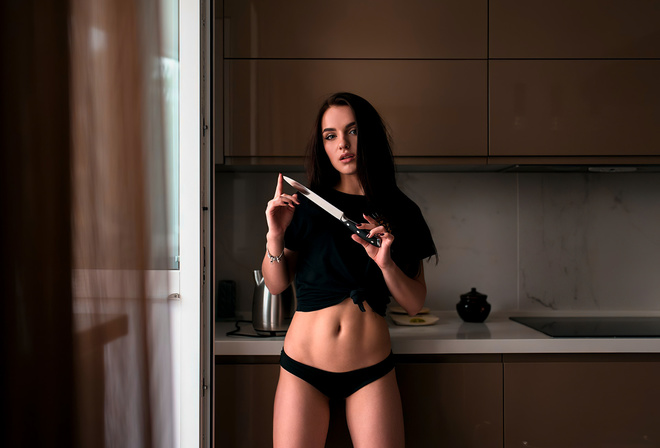 women, brunette, knife, black t-shirt, black panties, kitchen, painted nails, belly, blue eyes