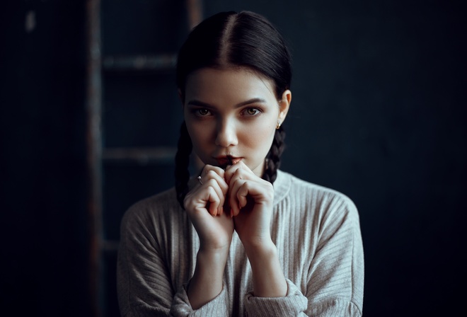 Victoria Sokolova, women, pigtails, face, portrait, hands in hair, ladders