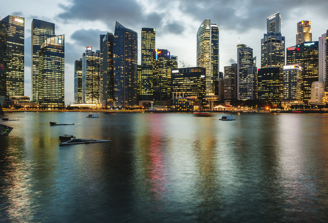 Singapore, evening, sunset, skyscrapers, Singapore cityscape, city lights, metropolis, Asia