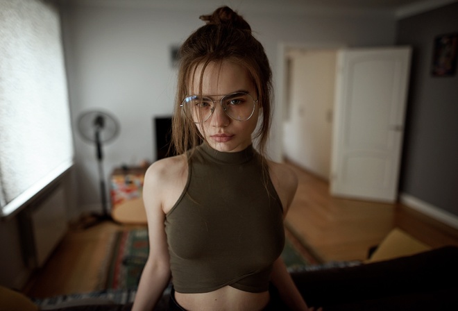 women, portrait, hairbun, window, door, women indoors, women with glasses