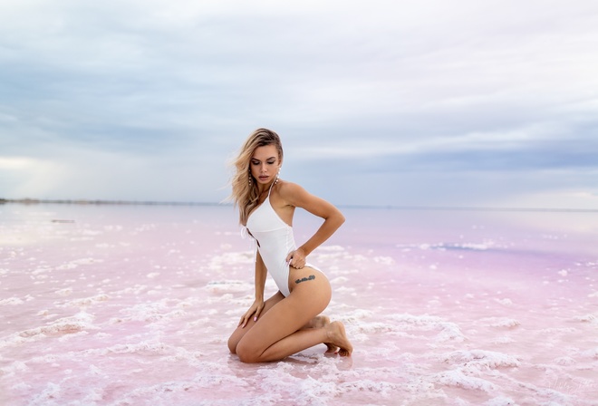 women, Vitaly Skitaev, kneeling, swimwear, ass, pink nails, water, women outdoors, brunette, one-piece swimsuit, blonde, tattoo