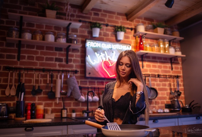 women, Vitaly Skitaev, kitchen, black lingerie, bricks, black bras, watch, long hair, brunette, neon