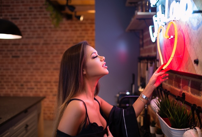 women, Vitaly Skitaev, kitchen, black lingerie, portrait, black bras, neon, long hair, watch, brunette