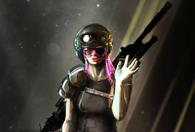 Cyberpunk, Pink Hair, Girl, Cop, Sniper