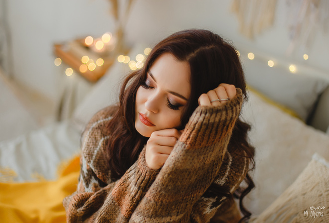 women, portrait, closed eyes, bokeh, sweater, face, make up, red lipstick