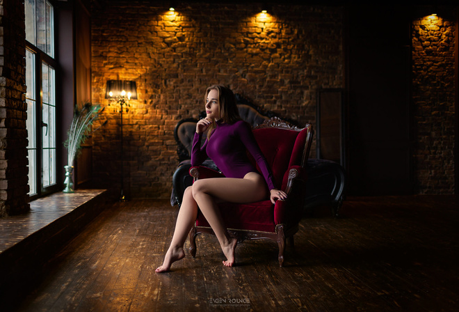 women, sitting, window, leotard, wall, bricks, wooden floor, painted nails, lamp, looking away, mirror