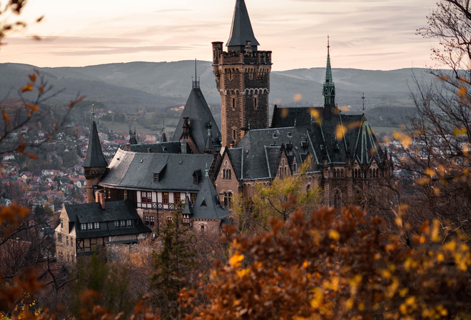 Wernigerode Castle, evening, sunset, Wernigerode cityscape, landmark, Wernigerode, Saxony-Anhalt, Germany