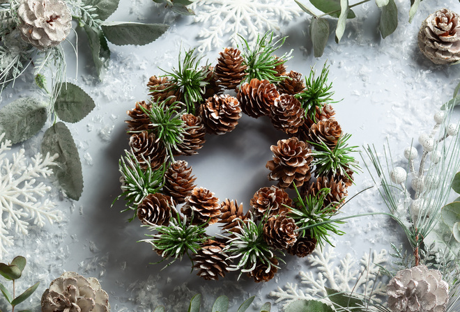 Christmas wreath, winter, snowflakes, cones, Happy New Year, Christmas