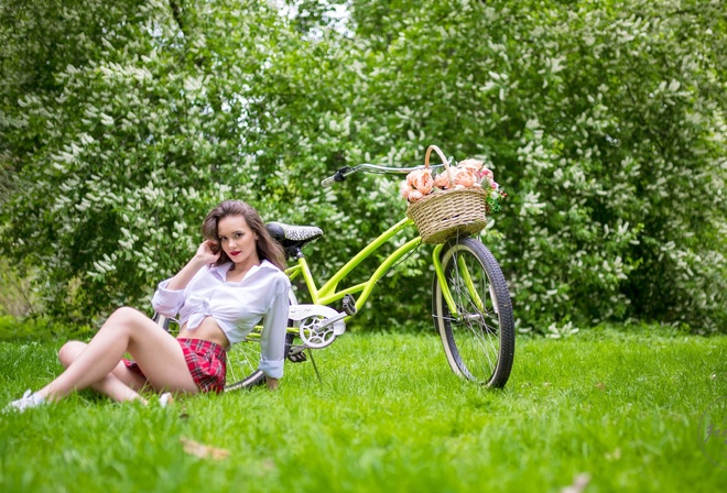 women, plaid skirt, white shirt, schoolgirl uniform, flowers, women outdoors, women with bicycles, bicycle, sitting, grass, red lipstick, sneakers, smiling, skirt, White socks