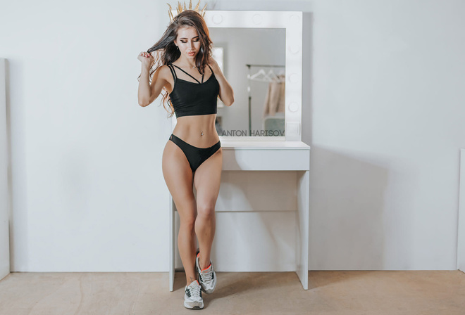 women, Anton Harisov, black panties, tank top, belly, brunette, sneakers, mirror, women indoors, pierced navel, reflection