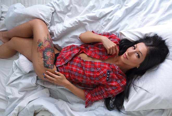 women, brunette, black panties, tattoo, plaid shirt, top view, painted nails, long hair, legs crossed, in bed