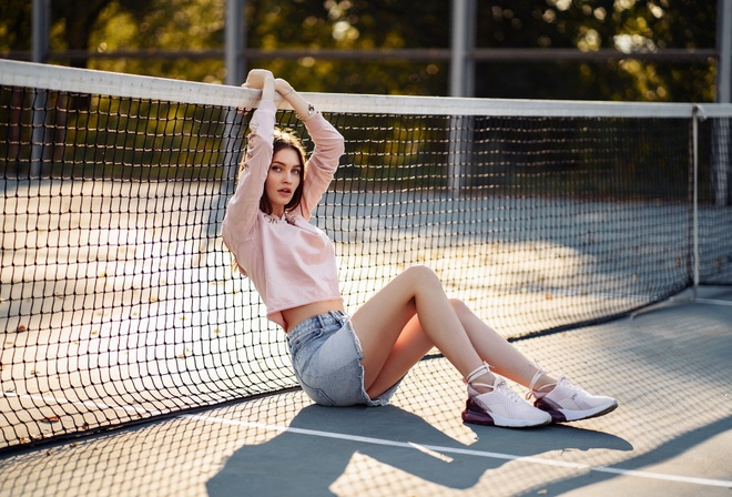 women, tennis court, denim skirt, women outdoors, sitting, trees, sneakers