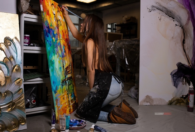 women, hoop earrings, jeans, kneeling, women indoors, long hair, picture, Kirill Zakirov, shoes, brush