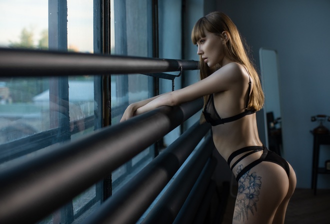 women, ass, window, looking out window, tattoo, women indoors, black lingerie, ribs, brunette, phone, mirror