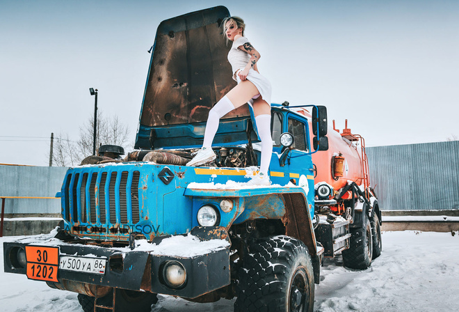 women, Anton Harisov, ass, white stockings, snow, tattoo, pink panties, blonde, sneakers, truck, skirt, women indoors