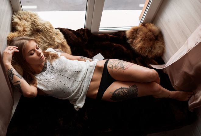 women, top view, hips, black panties, belly, window, tattoo, blonde, brunette, women indoors