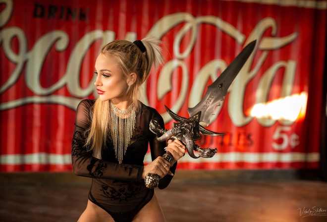 women, blonde, Vitaly Skitaev, ponytail, brunette, black lingerie, women indoors, Coca-Cola, long hair, red lipstick, sword